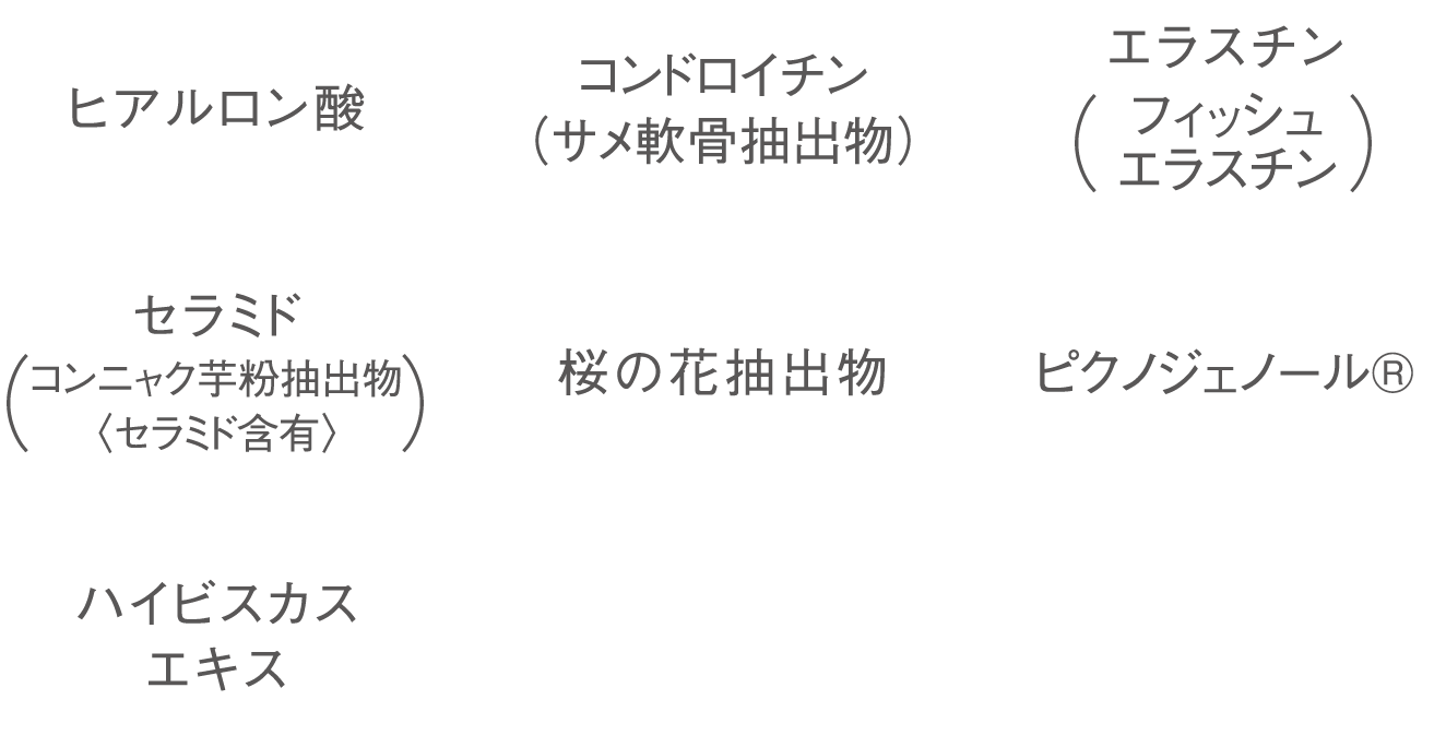 ヒアルロン酸、コンドロイチン（サメ軟骨抽出物）、エラスチン（フィッシュエラスチン）、セラミド（コンニャク芋粉抽出物
    〈セラミド含有〉）、桜の花抽出物、ピクノジェノール(R)、ハイビスカスエキス