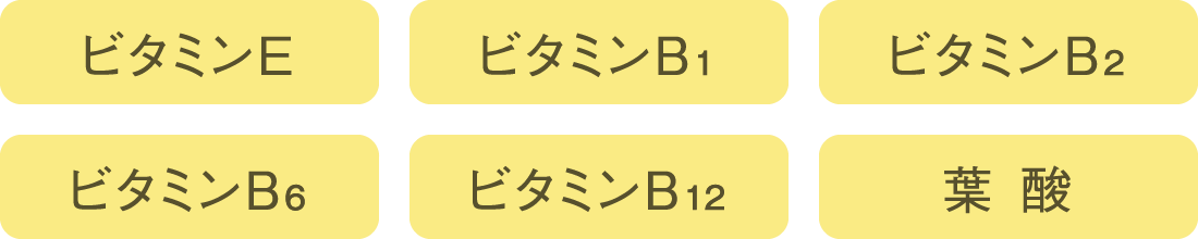 ビタミンE、ビタミンB1、ビタミンB2、ビタミンB6、ビタミンB12、葉 酸