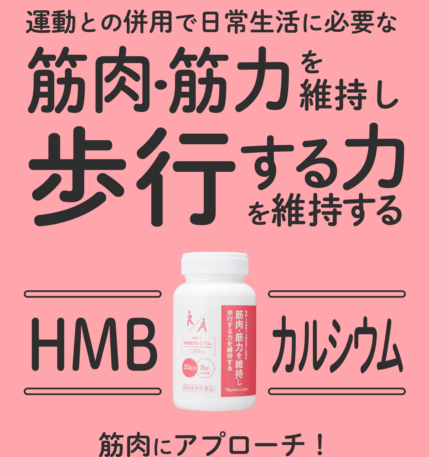 運動との併用で 日常生活に必要な筋肉・筋力を維持し 歩行する力を維持する ナリス HMBカルシウム 筋肉にアプローチ!