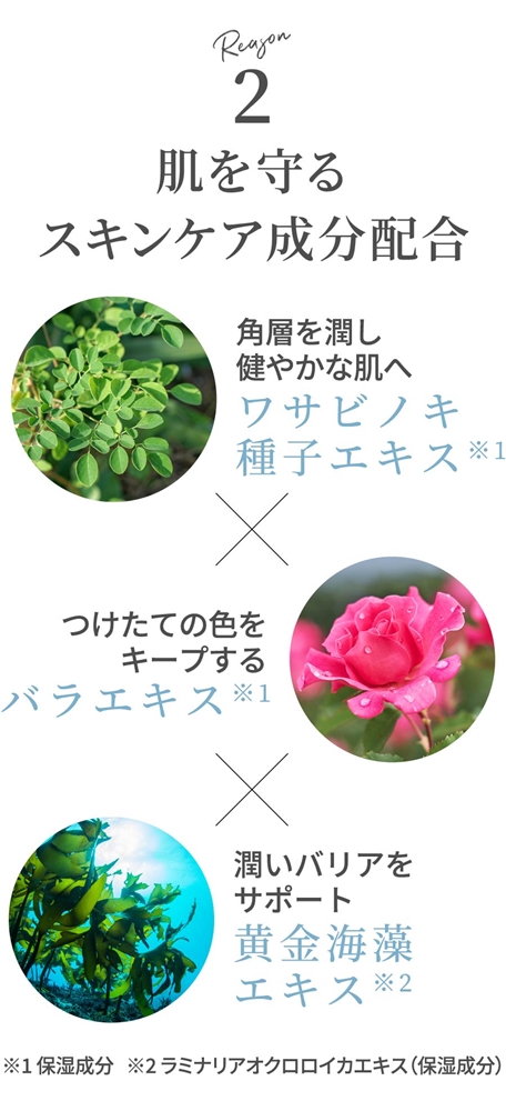 肌を守るスキンケア成分配合 角層を潤し健やかな肌へ ワサビノキ,種子エキス※1 つけたての色をキープする バラエキス※1, 潤いバリアをサポート 黄金海藻エキス※2