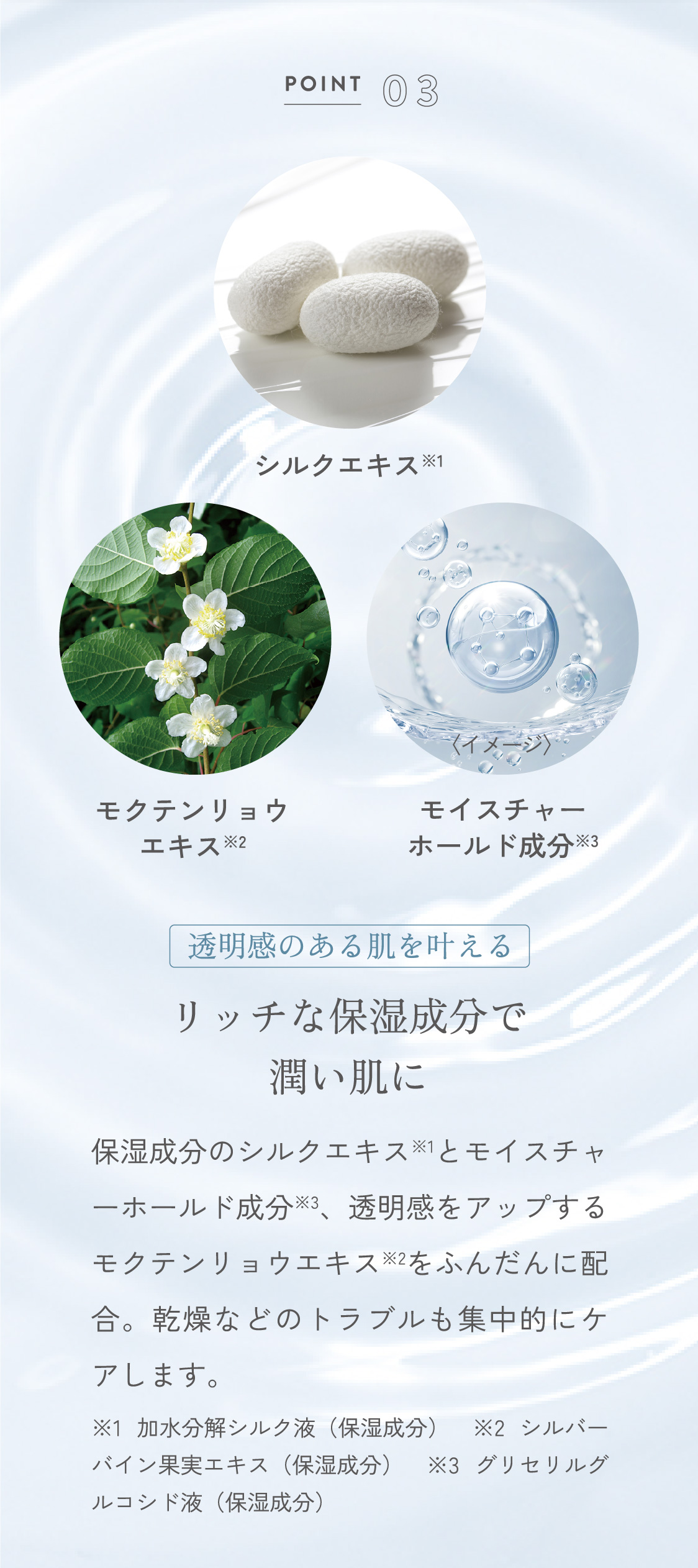 POINT03〈イメージ〉シルクエキス※1 モクテンリョウエキス※2 モイスチャーホールド成分※3 透明感のある肌を叶える リッチな保湿成分で潤い肌に。保湿成分のシルクエキス※1とモイスチャーホールド成分※3、透明感をアップするモクテンリョウ エキス※2をふんだんに配合。乾燥などのトラブルも集中的にケアします。※1 加水分解シルク液(保湿成分) ※2 シルバーバイン果実エキス(保湿成分) ※3 グリセリルグルコシド液(保湿成分)
