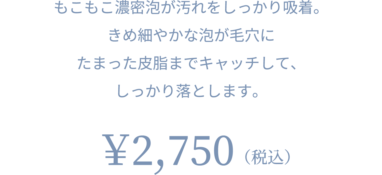 もこもこ濃密泡が汚れをしっかり吸着。きめ細やかな泡が毛穴にたまった皮脂までキャッチして、しっかり落とします。 ¥2,750(税込)