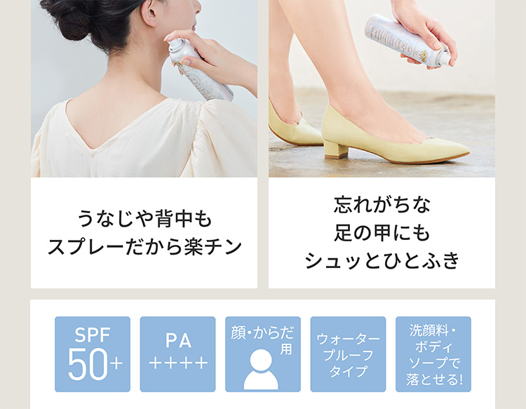 うなじや背中もスプレーだから楽チン 忘れがちな足の甲にもシュッとひとふき SPF50＋ PA＋＋＋＋ 顔・からだ用 ウォータープルーフ 洗顔料・ボディソープで落とせる! 