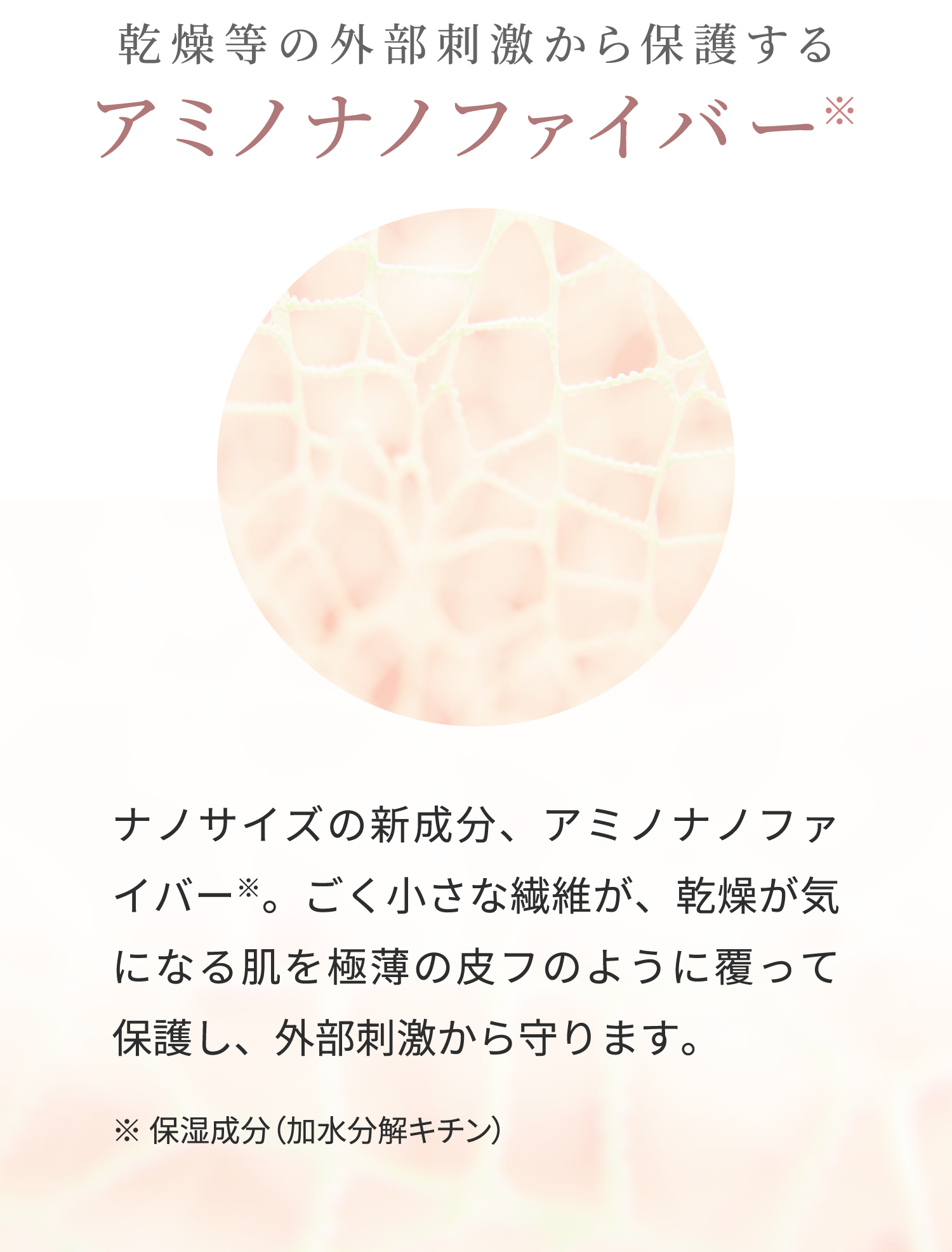 肌を外部刺激から保護するアミノナノファイバー※ナノサイズの新成分、アミノナノファイバー※。ごく小さな繊維が乾燥が気になる肌を極薄の皮フのように覆って保護し、外部刺激から守ります。※保湿成分（加水分解キチン）