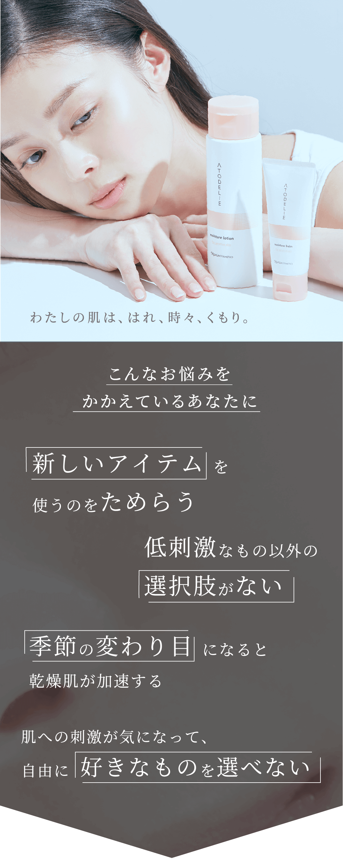 わたしの肌は、はれ、時々、くもり。こんなお悩みをかかえているあなたに 新しいアイテムを使うのをためらう 低刺激なもの以外の選択肢がない 季節の変わり目になると乾燥肌が加速する 肌への刺激が気になって、自由に好きなものを選べない