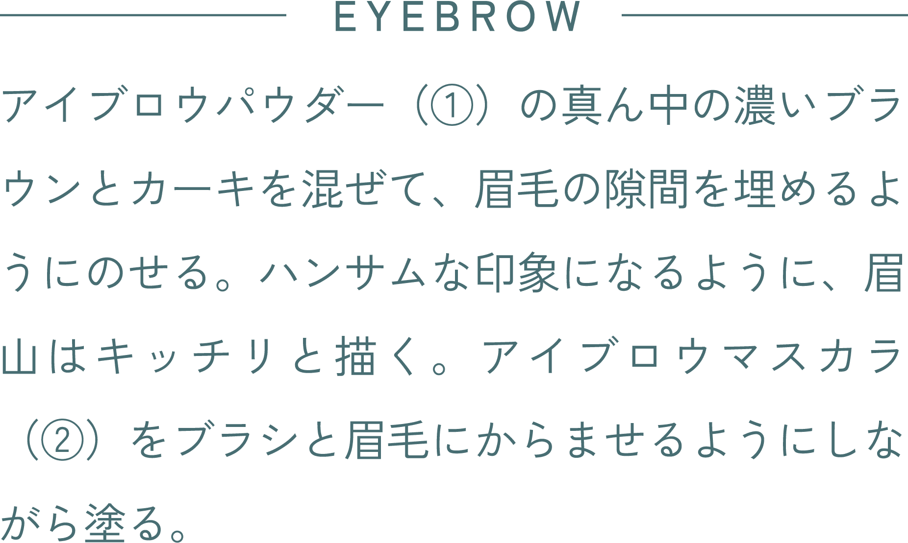 EYEBROW アイブロウパウダー(①)の真ん中の濃いブラウンとカーキを混ぜて、眉毛の隙間を埋めるようにのせる。ハンサムな印象になるように、眉山はキッチリと描く。アイブロウマスカラ(②)をブラシと眉毛にからませるようにしながら塗る。