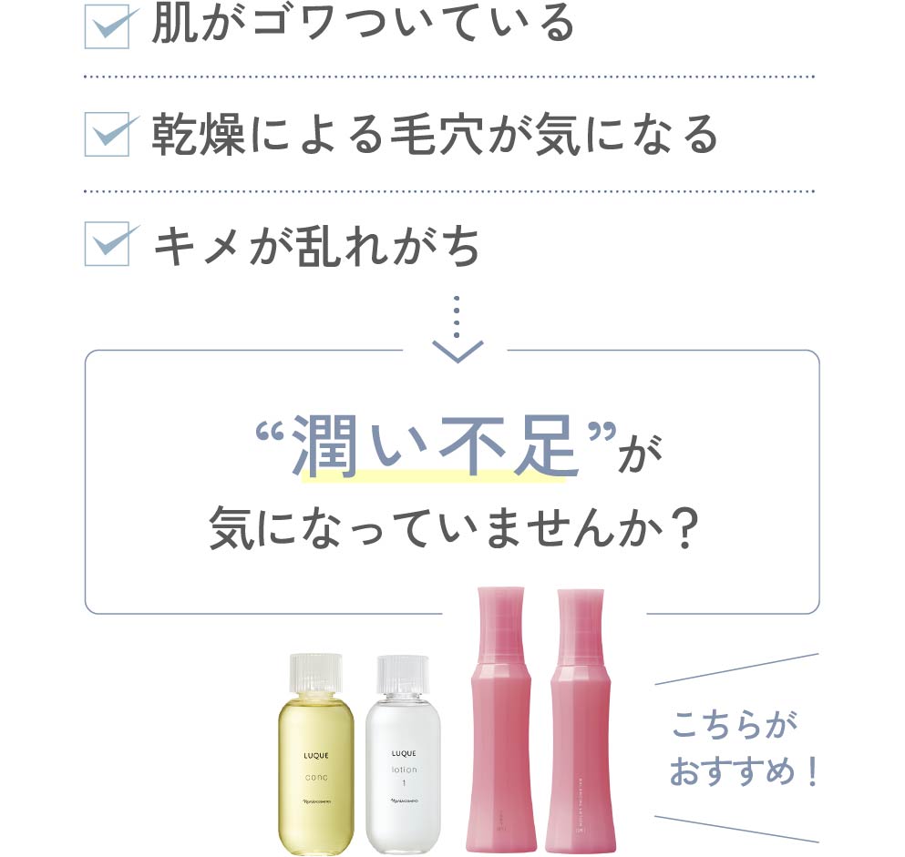 肌がゴワついている 乾燥による毛穴が気になる キメが乱れがち “潤い不足”が気になっていませんか？ こちらがおすすめ！