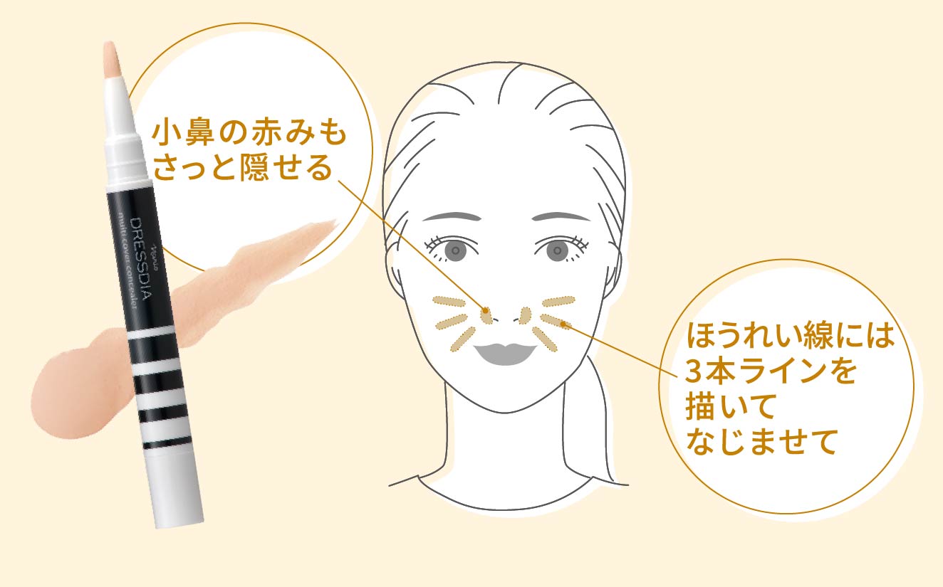 小鼻の赤みもさっと隠せる ほうれい線には3本ラインを描いてなじませて