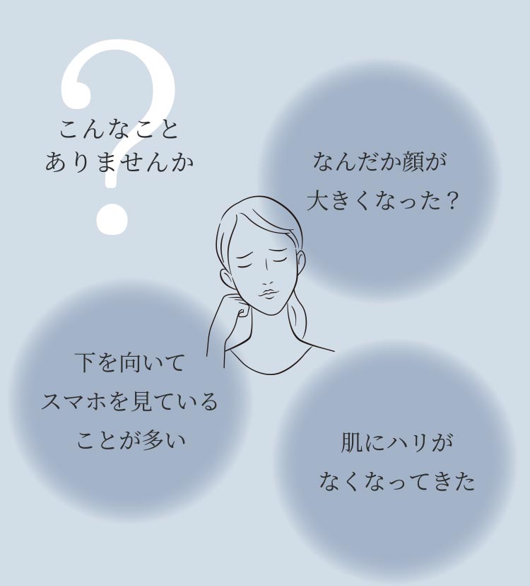 こんなことありませんか なんだか顔が大きくなった？ 下を向いてスマホを見ていることが多い 肌にハリがなくなってきた