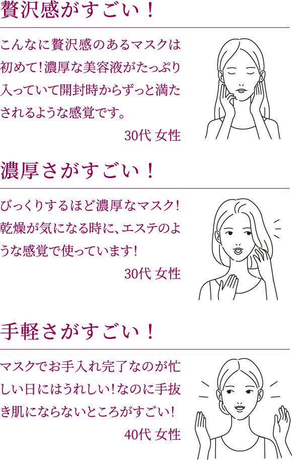 贅沢感がすごい! こんなに贅沢感のあるマスクは初めて!濃厚な美容液がたっぷり入っていて開封時からずっと満たされるような感覚です。30代 女性/濃厚さがすごい! びっくりするほど濃厚なマスク!乾燥が気になる時に、エステのような感覚で使っています!30代 女性/手軽さがすごい! マスクでお手入れ完了なのが忙しい日にはうれしい!なのに手抜き肌にならないところがすごい!40代 女性