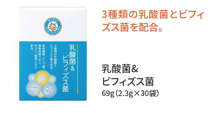 3種類の乳酸菌とビフィズス菌を配合。 乳酸菌&ビフィズス菌 69g（2.3g×30袋）