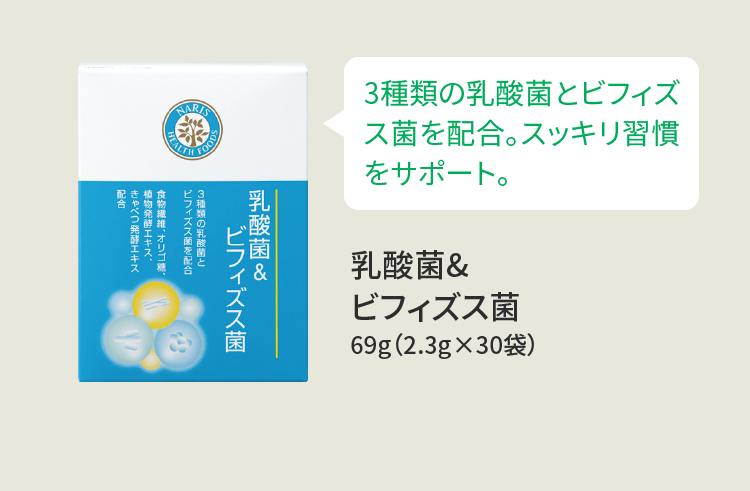 3種類の乳酸菌とビフィズス菌を配合。 乳酸菌&ビフィズス菌 69g（2.3g×30袋）
