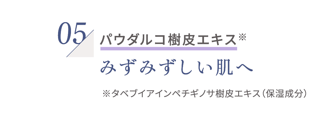 04 美活性エキス 肌ダメージから守る / 05 パウダルコ樹皮エキス みずみずしい肌へ