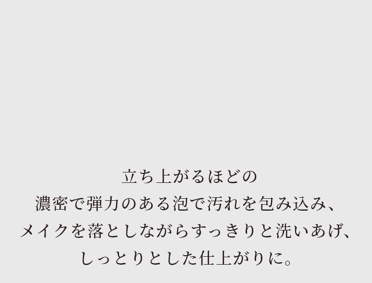 立ち上がるほどの濃密で弾力のある泡で汚れを包み込み、メイクを落としながらすっきりと洗いあげ、しっとりとした仕上がりに。