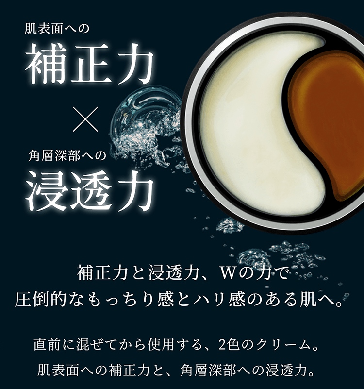 肌表面への補正力×角層深部への浸透力 補正力と浸透力、Wの力で圧倒的なもっちり感とハリ感のある肌へ。