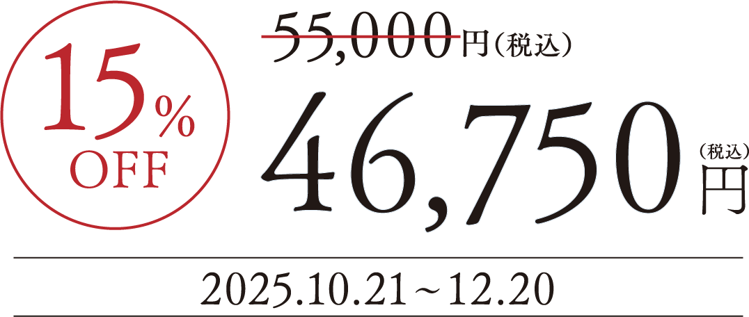 15%OFF 55,000円(税込)→46,750円(税込) 2024.10.21~2025.01.20